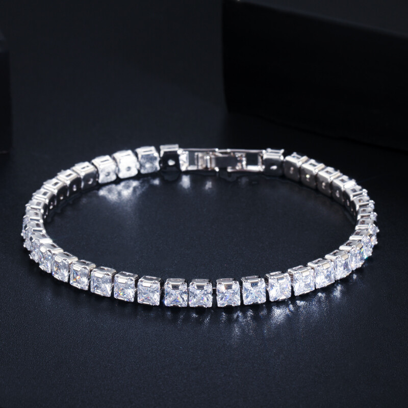 Gorgeous Silver Plated CZ Bridal Square Necklace Earrings Bracelet Jewelry Set