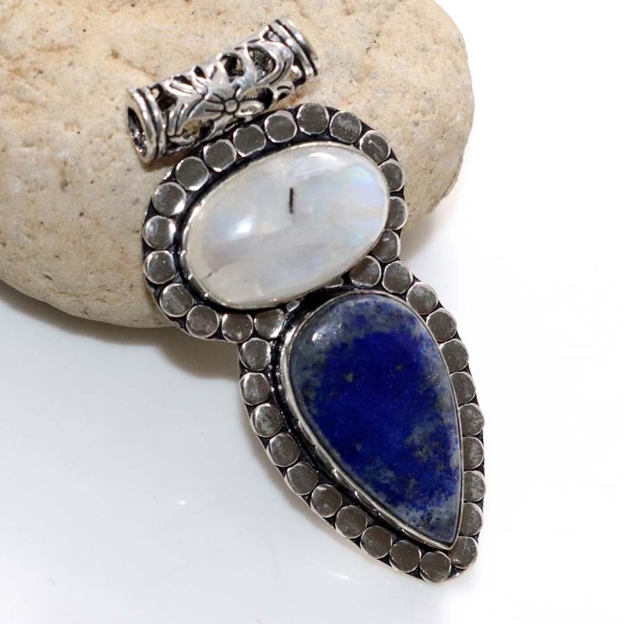 925 Silver Plated Long Lapis Lazuli Rainbow Moonstone Pendant 2.2″ Trendy GW