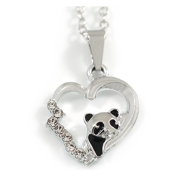 Small Open Heart with Panda Bear Pendant with Silver Tone Chain – 42cm L/ 5cm