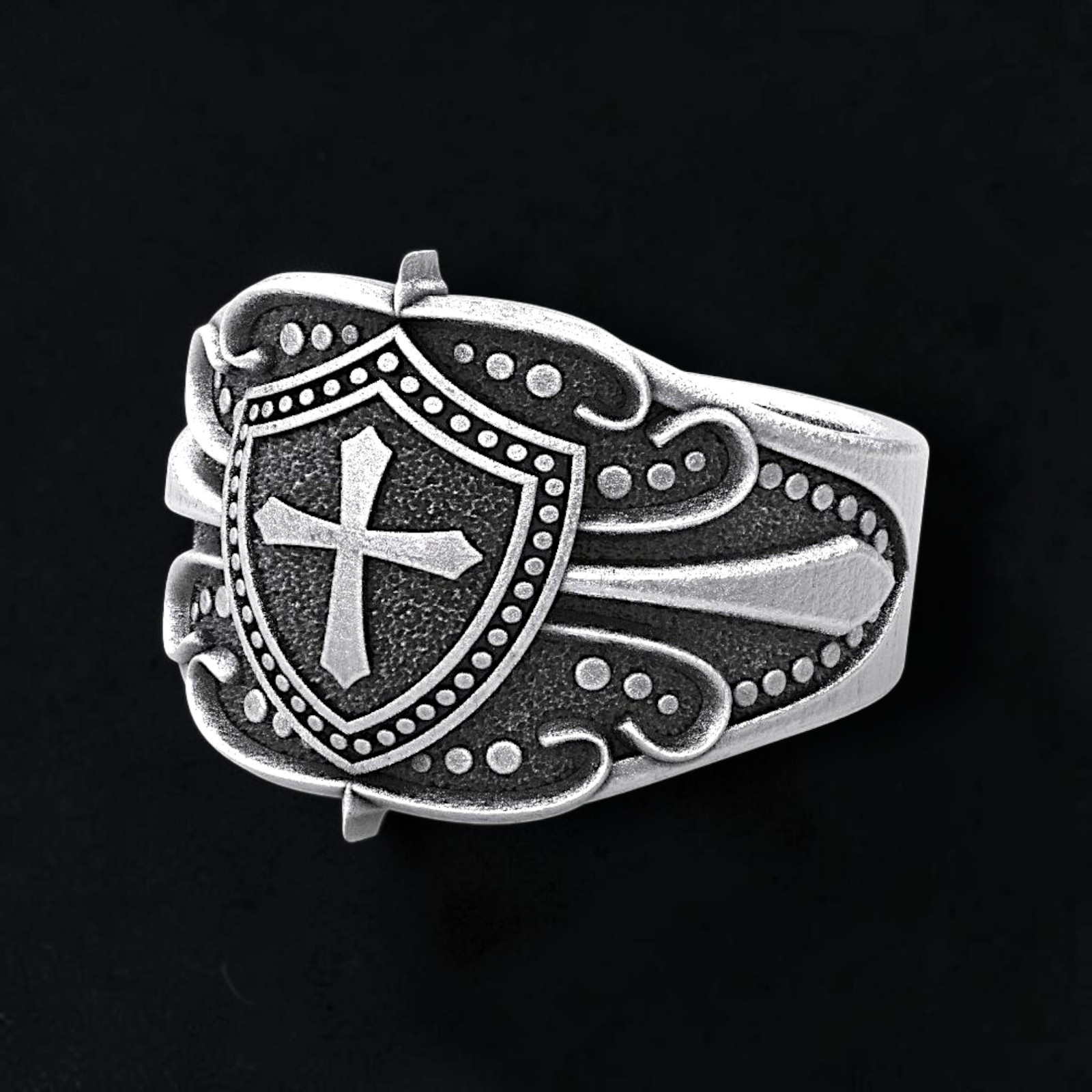 Men’s 925 Sterling Silver Knight Shield Cross Ring | Medieval Crusader