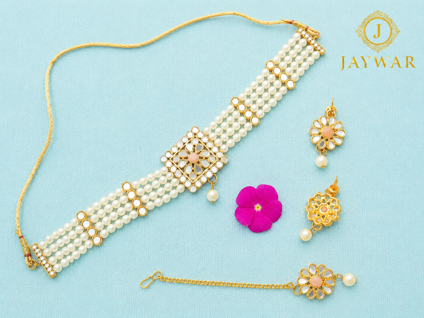 JAYWAR Pearl Mirror Kundan Choker Set with Earrings & Maang Tikka Bridal Jewelry