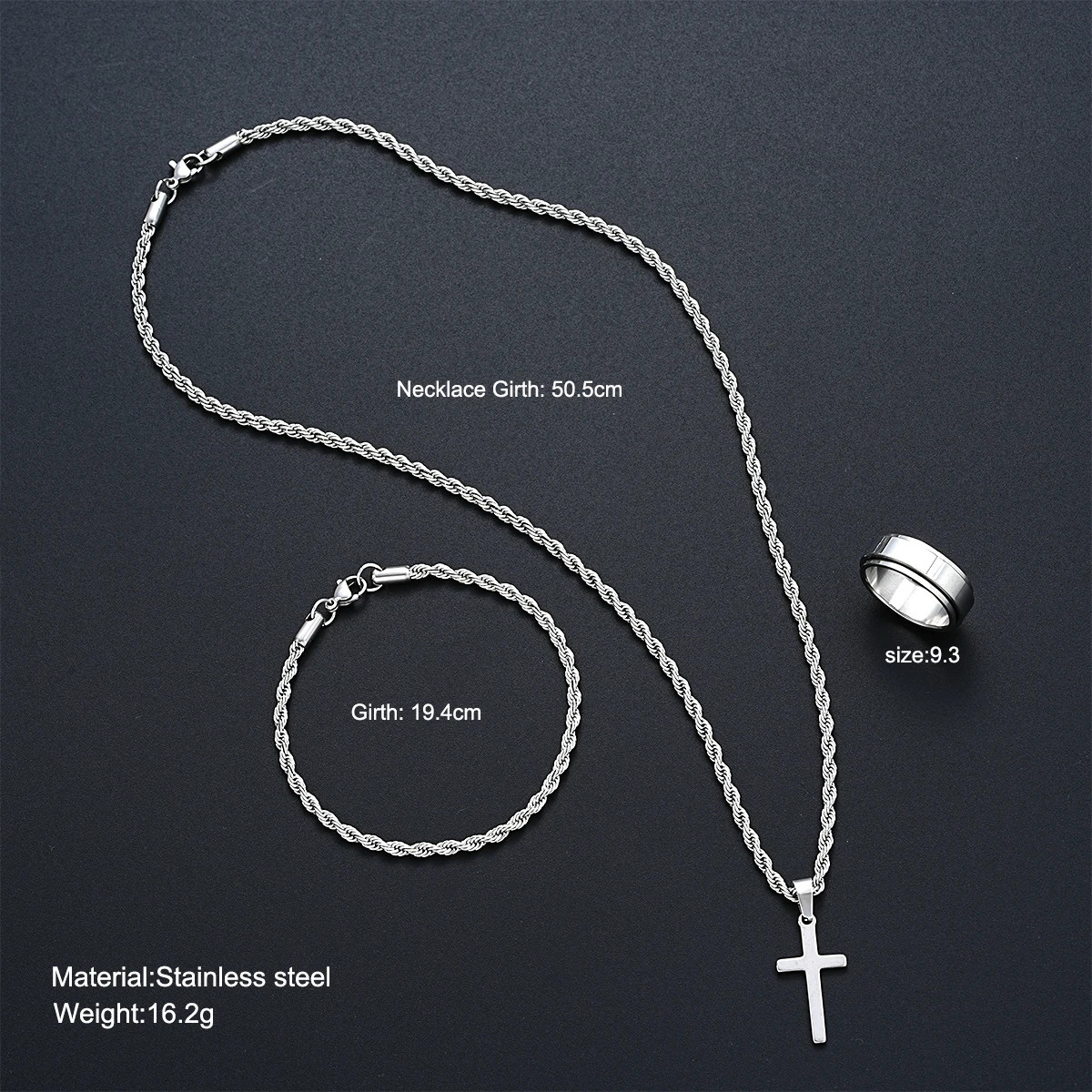 3Pcs Mens Stainless Steel Cross Pendant Necklace Twisted Rope Chain Bracelet Rin