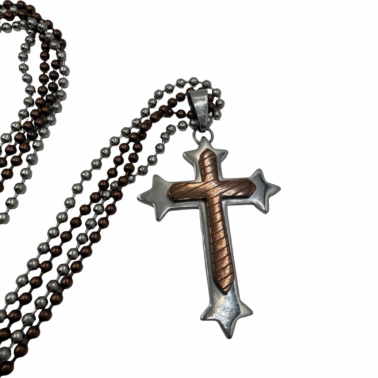 Chisel Stainless Steel Brown Two Tone Cross Pendant Necklace Ball Chain 24”