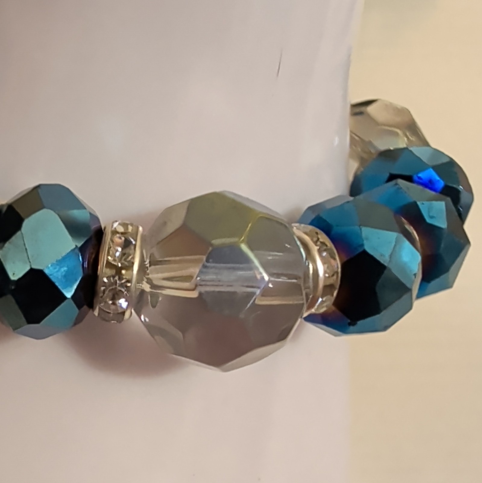 Blue & Clear Round Crystal Beaded Stretch Bracelet w/ Rhinestone Spacers