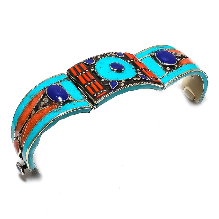 Lapis Lazuli Turquoise Coral Cuff Handmade Vintage Tibetan Nepali Jewelry NC 730