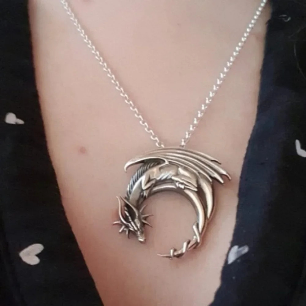 Vintage Sleeping Dragon Necklace Mythical Medieval Pendant Gothic Jewelry Gift