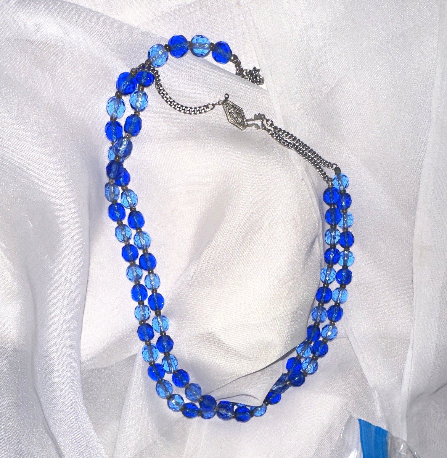 Blue Crystal Round Beaded Necklace, Silver Tone Cable Chain, Hook Closure
