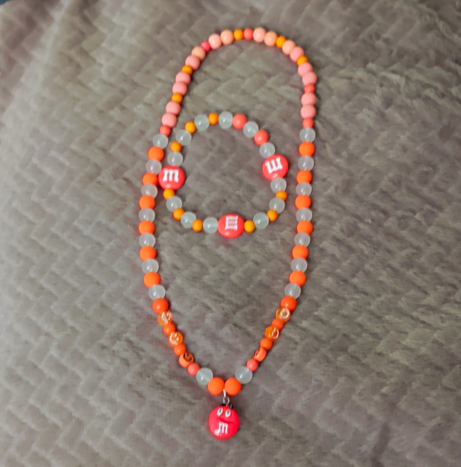Candy Theme Plastic Beaded Jewelry Set Necklace & Bracelet Orange Gray Pink