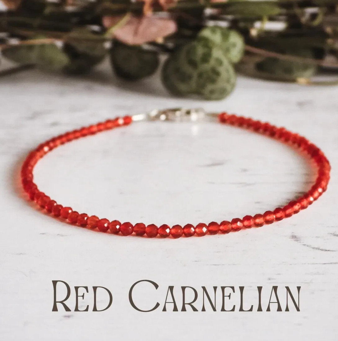 Dainty Red Carnelian Gemstone Anklet Sterling Silver, Adjustable Bracelet