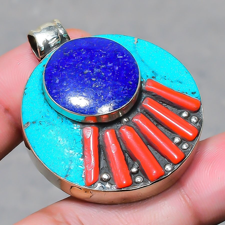 Lapis Lazuli Turquoise Coral Pendant Bahamas Tibetan Nepali Jewelry 1.7″ NP 2426