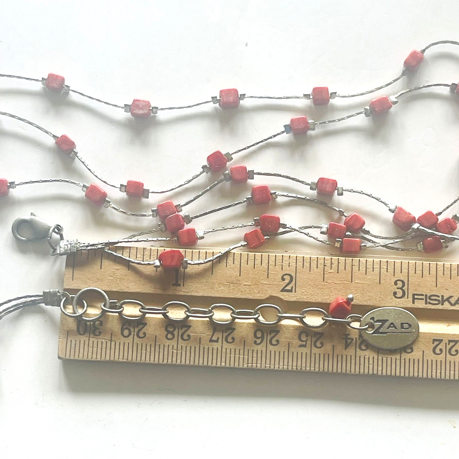 ZAD Beaded Multi Strand Red Stone Silver Tone 16″ Necklace 2.5″ Extension
