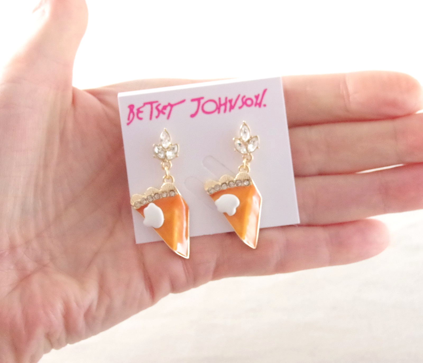 HTF! 3-D BETSEY JOHNSON PUMPKIN PIE RHINESTONE THANKSGIVING DROP DANGLE EARRINGS