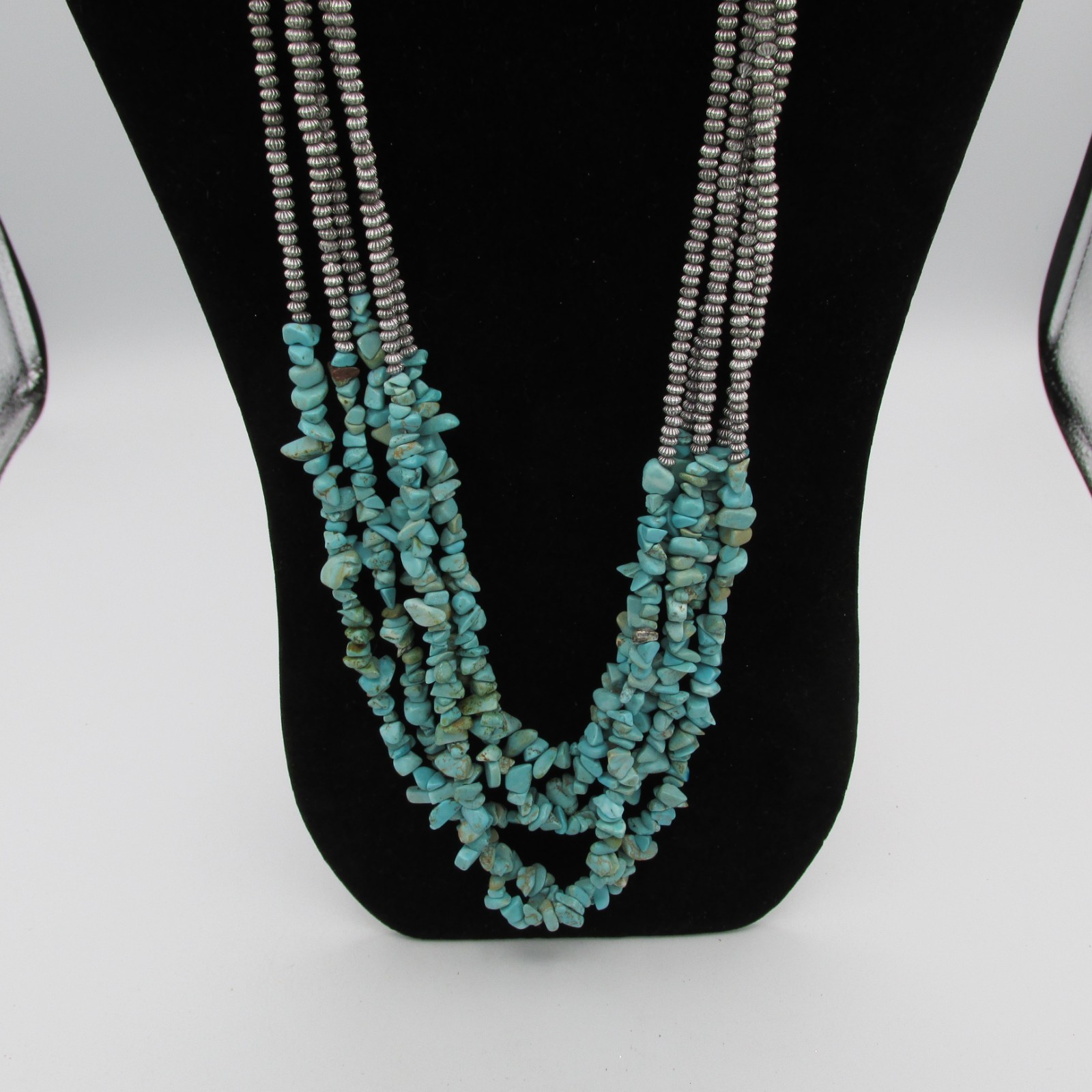 Erica Lyons Multi Strand Silver Bead & Southwestern Style Chip Necklace 25 in