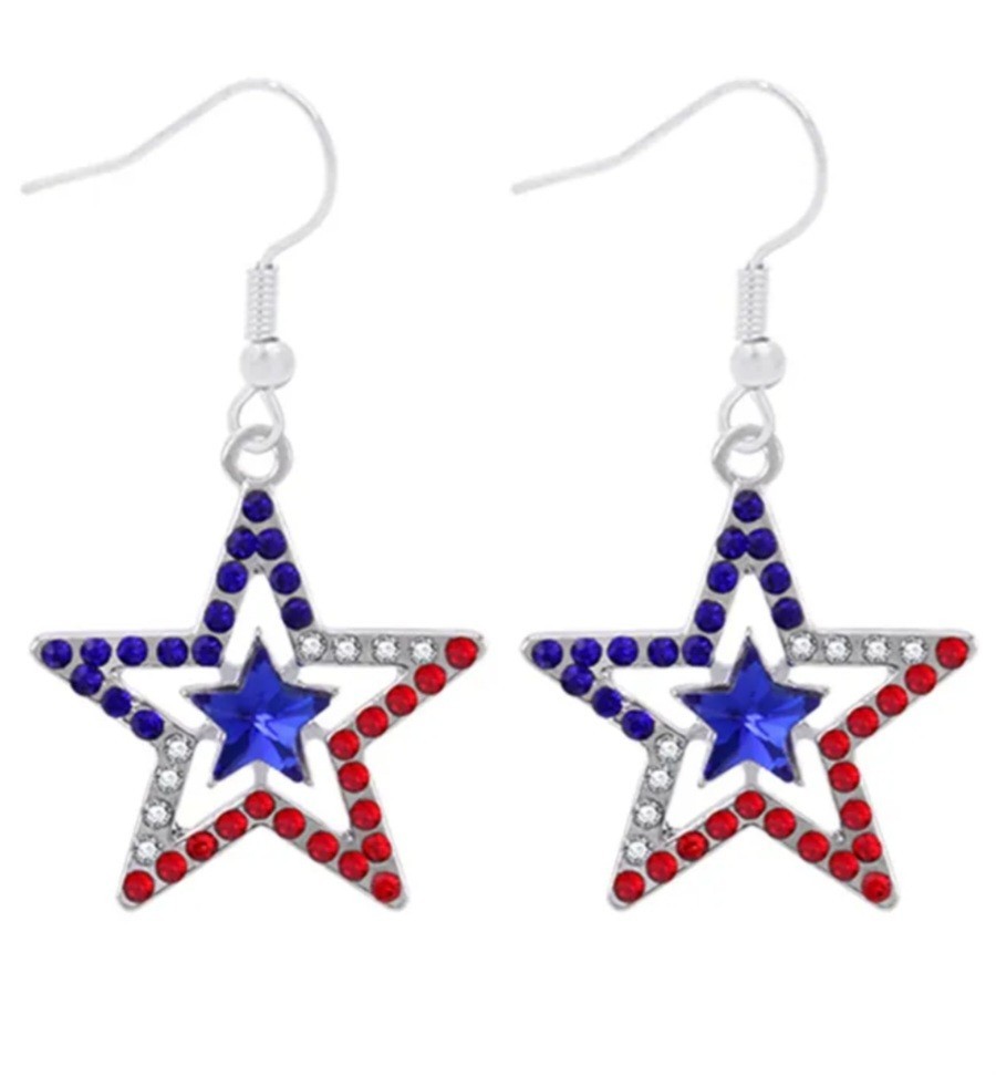 3pk Red White Blue Patriotic Rhinestone Dangle Drop Hook Earrings Pavé Metal