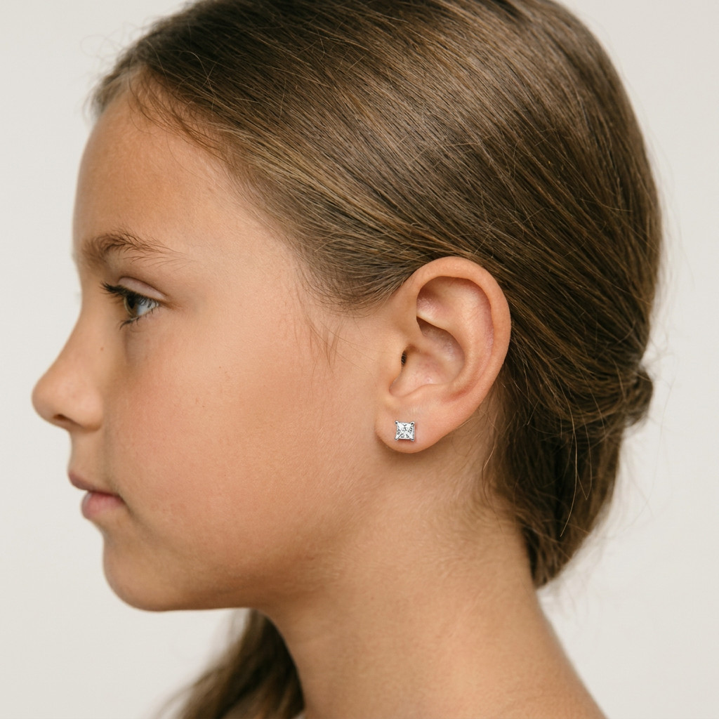 14K White Gold Square Princess Cut Cubic Zirconia Screw Back Ear Stud Earrings