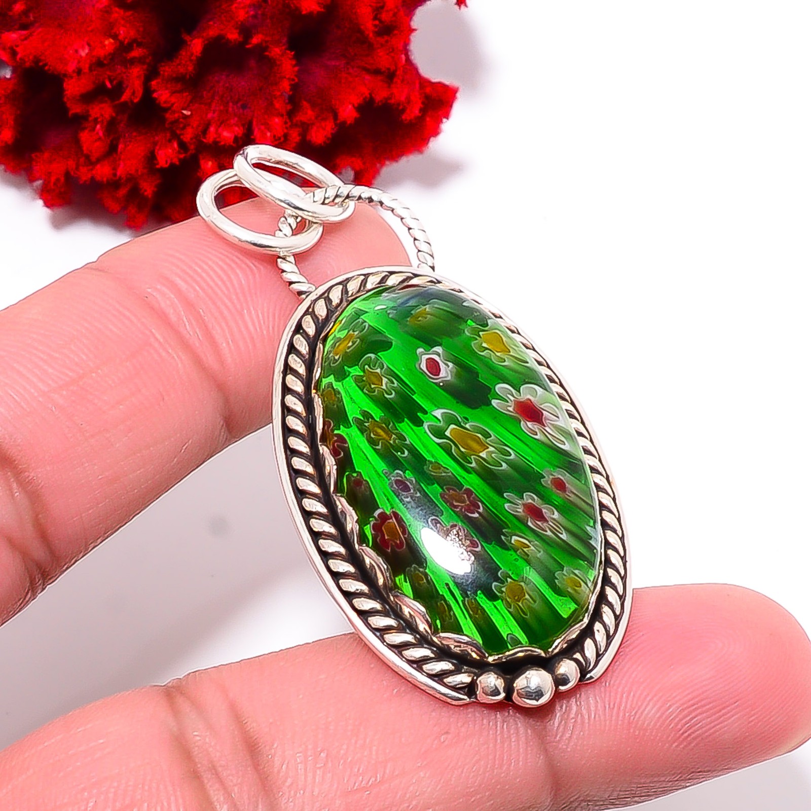 Millefiori Murano Glass Designer Handmade 925 Sterling Silver Pendant 2.07 P9853