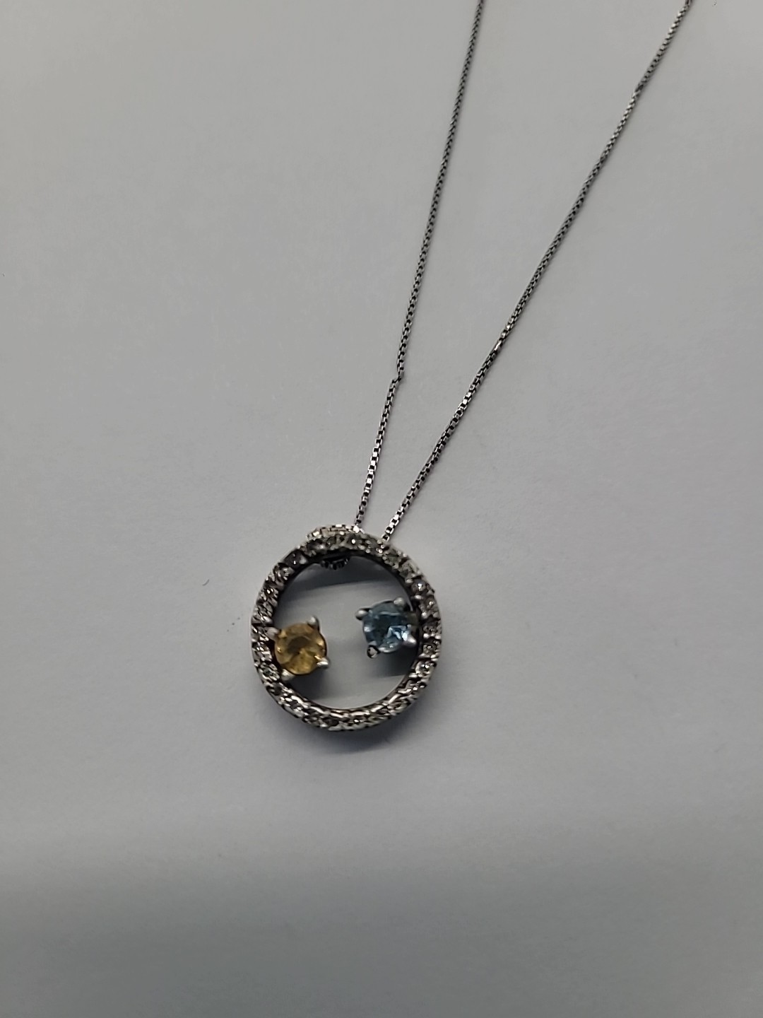 925 Sterling Silver Circle Pendant Necklace Blue Yellow Stones CZ Halo