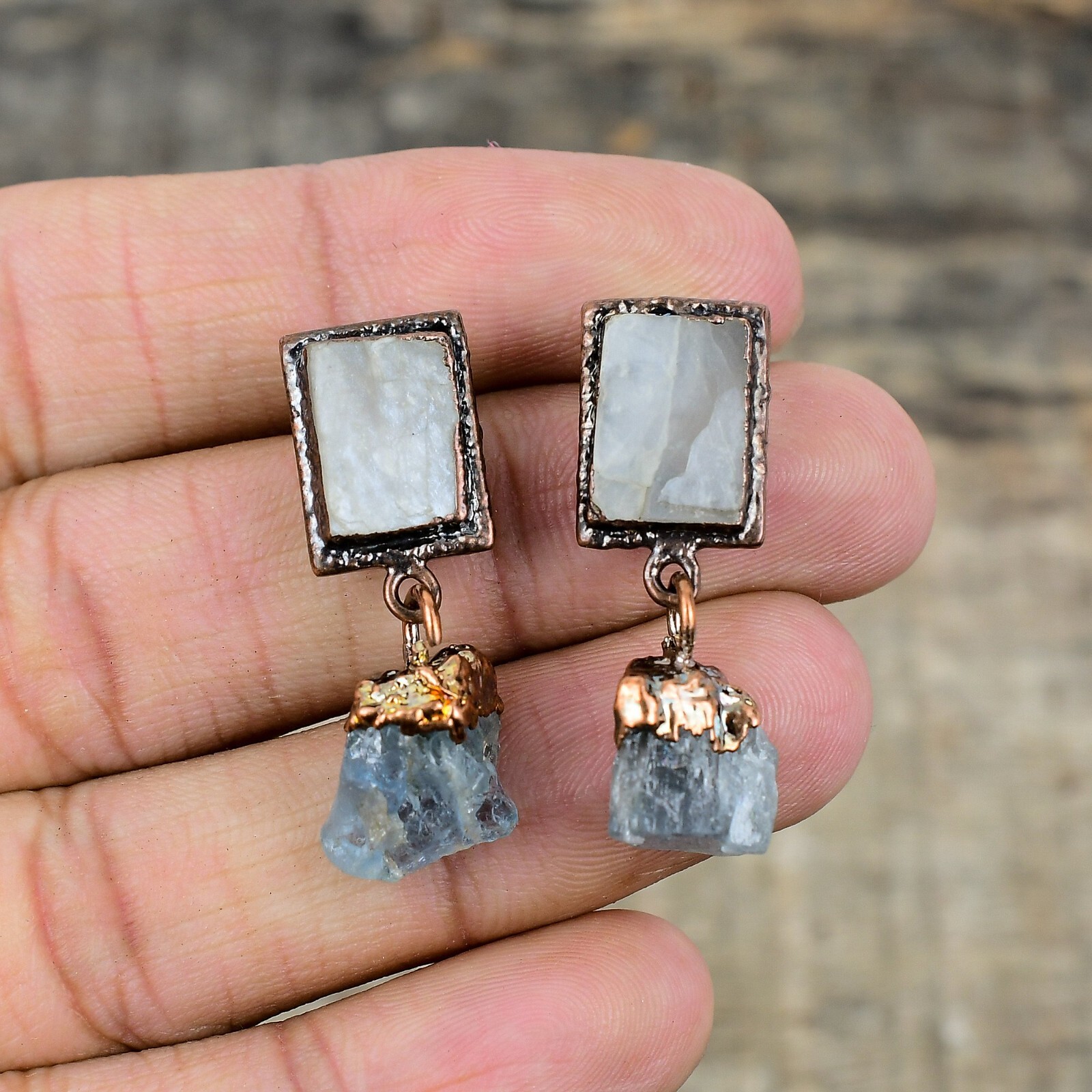 Rainbow Moonstone Rough Copper Gift For Mother Electroformed Earrings 1.38″