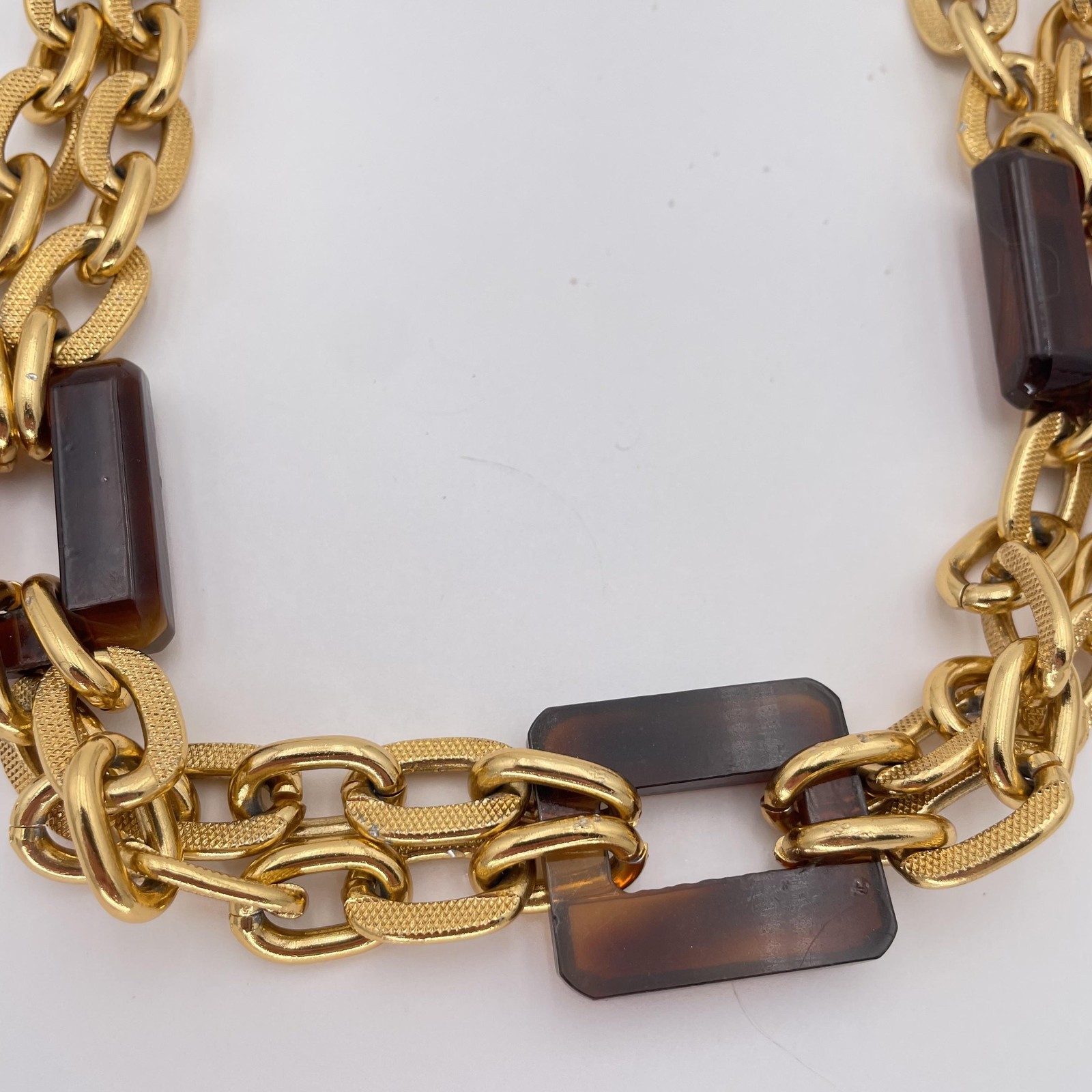 JM Chunky Statement Chain Necklace Gold Tone Tortoise Brown Resin Links 24in