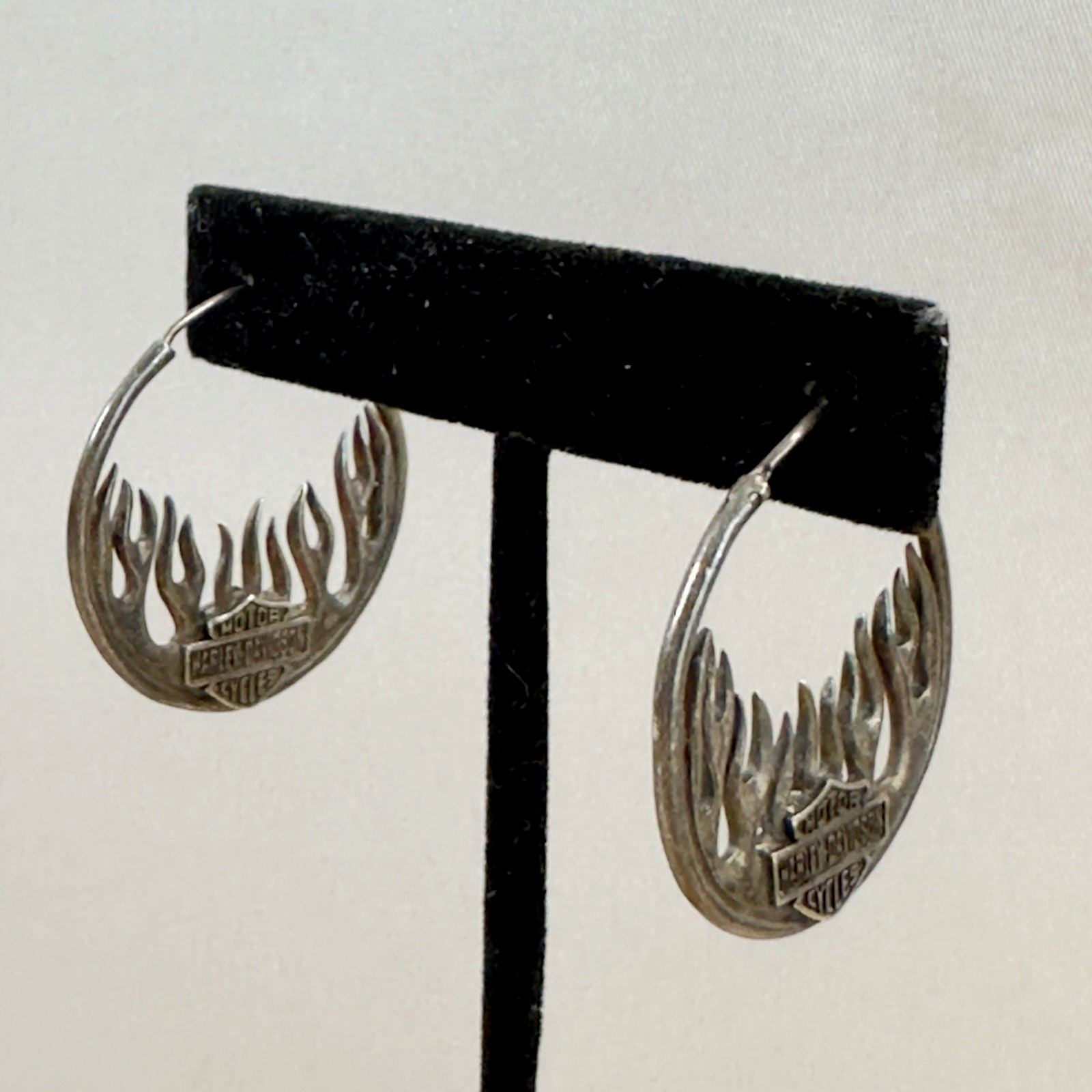Harley Davidson Sterling Silver Hoop Earrings Logo Vintage 13.4 g 33mm