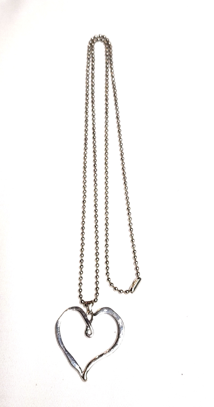 Wavy Abstract Open Heart Pendant Necklace Silver Tone 28″ Ball Bead Love Retro