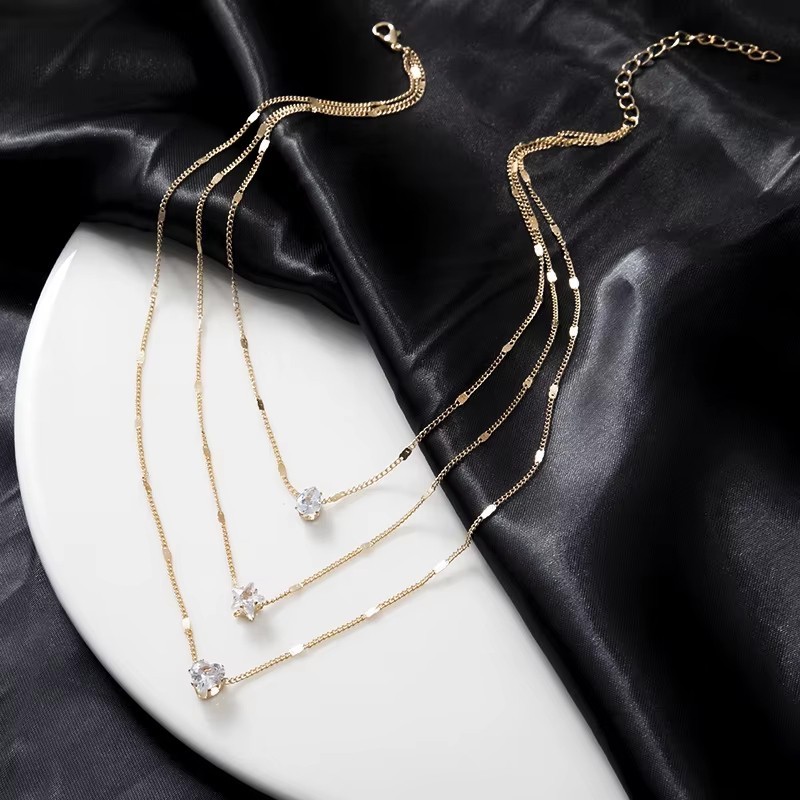 3 Layer Gold Chain Necklace Crystal Heart Star Teardrop Dainty Boho Beach Choker