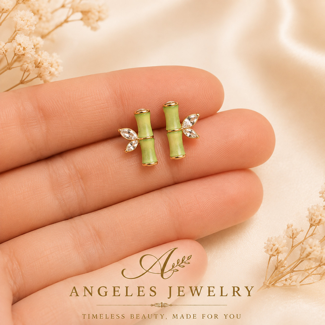 Jade Crystal Stud Earrings Bohemian Minimalist Bamboo 18K Gold Plated Gemstone
