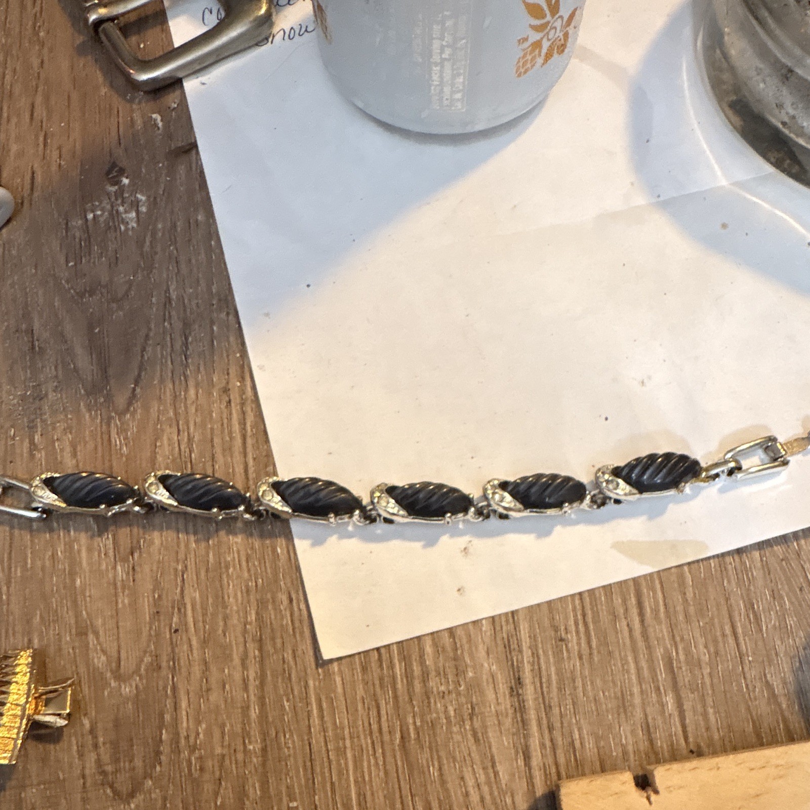 Silver Tone Black Onyx Marquise Link Chain Bracelet, Prong Set, Lobster Clasp