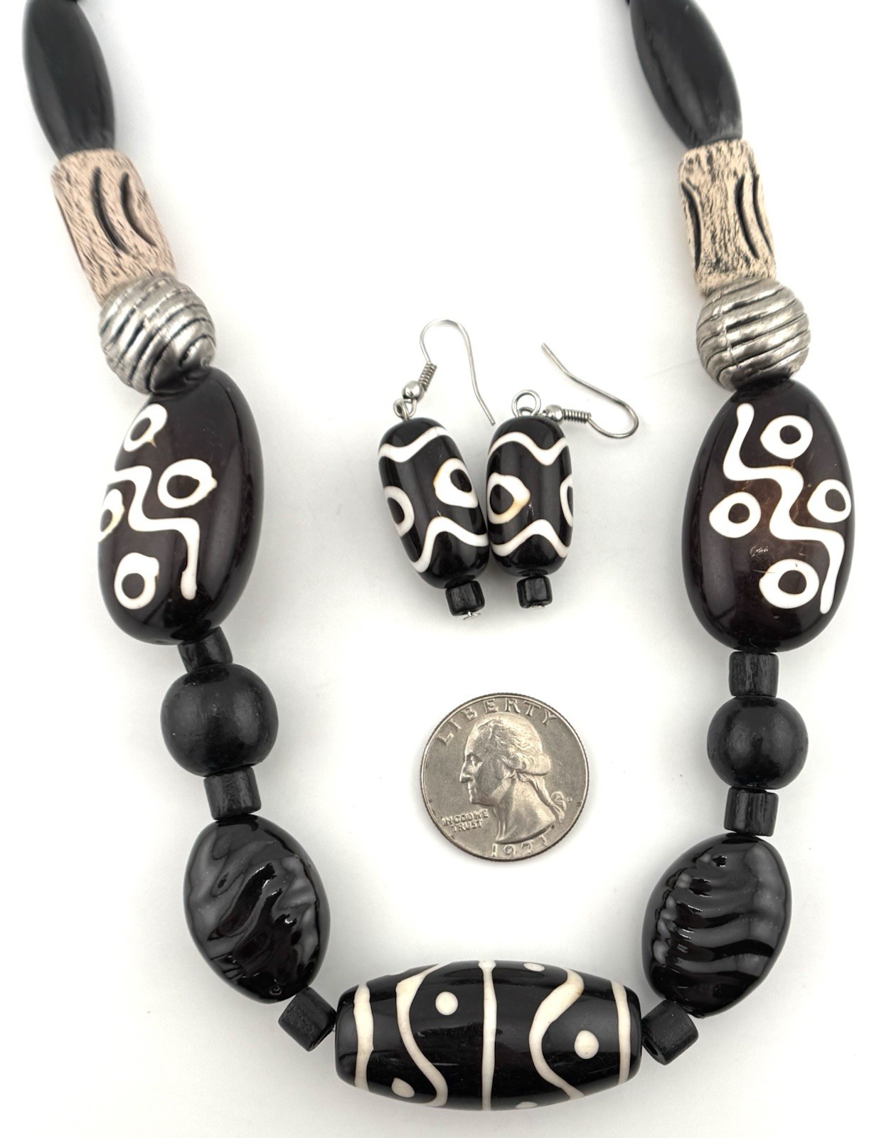 African Tribal Statement Necklace Earrings Set Black Resin Beads 19-22 In