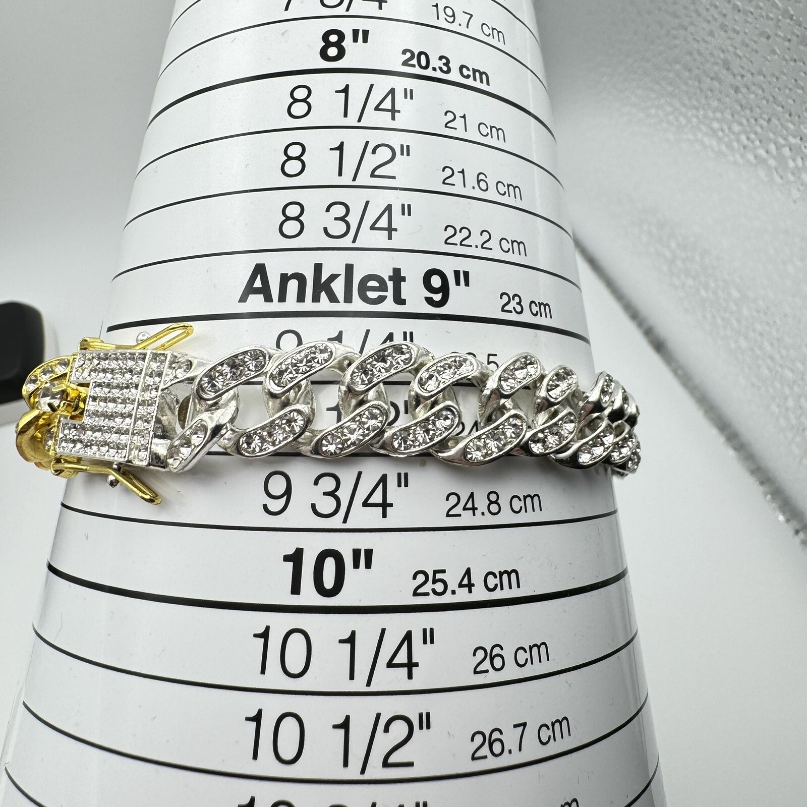 Goldtone Silvertone Rhinestone Cuban Link Box Clip Closure Bracelet 9 1/2”
