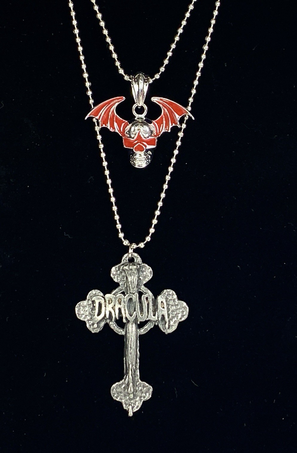 Dracula Cross Skull Vampire Bat Pendants Ball Chain Set of 2 Necklaces a