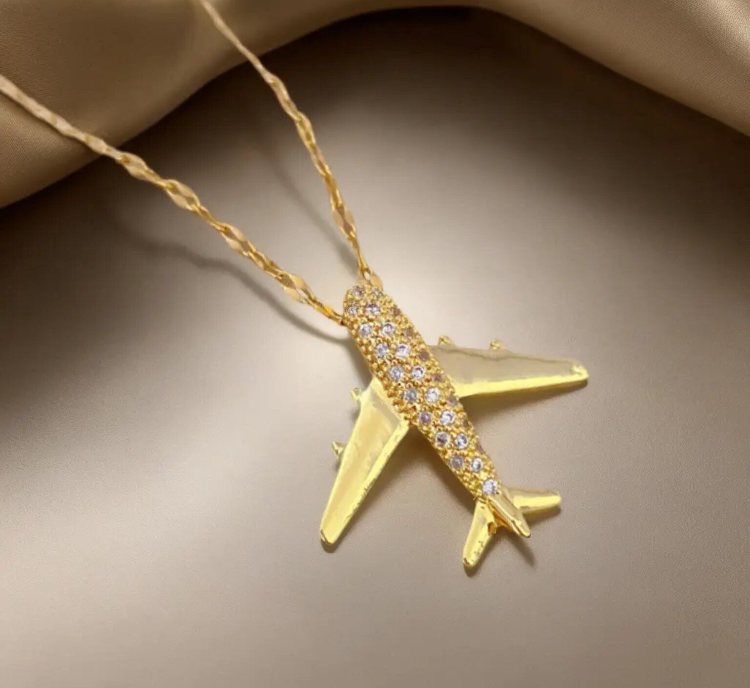 Aircraft Airplane Jet Aviation Pilot Travel Gold Diamond Pendant Necklace