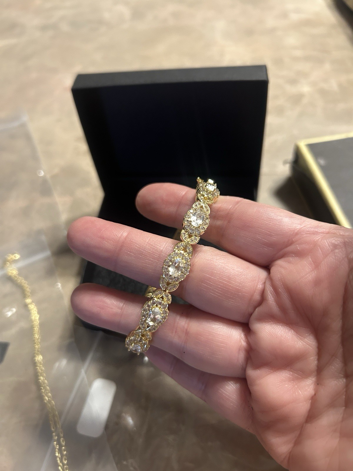 Gold Tone Hinged Bangle Bracelet w/ Round Clear Stones, Prong Set Metal