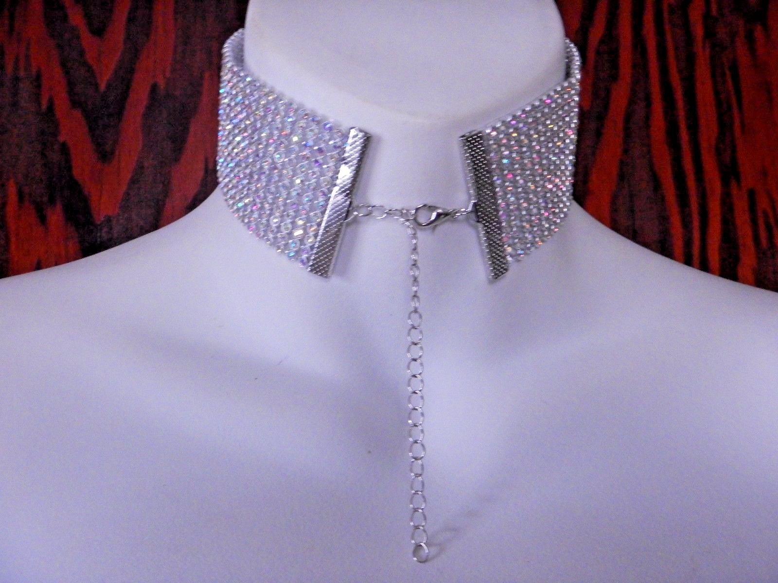 AB RAINBOW CRYSTAL RHINESTONE COLLAR silver wide vinyl choker necklace band 1B
