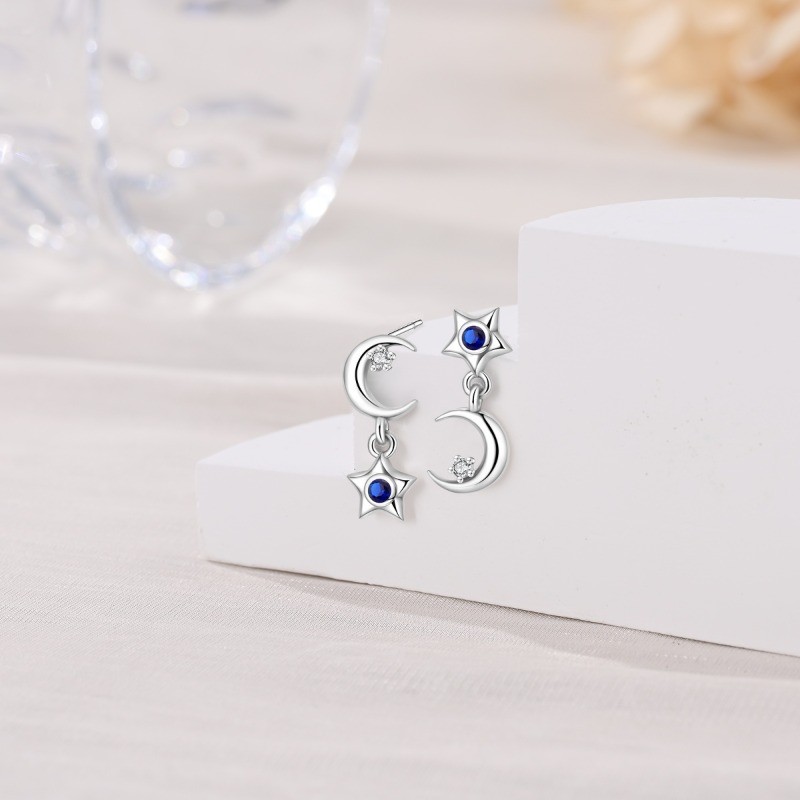 KUNSIR 925 Sterling Silver Mini Asymmetric Star Moon Stud Earrings Women Jewelry