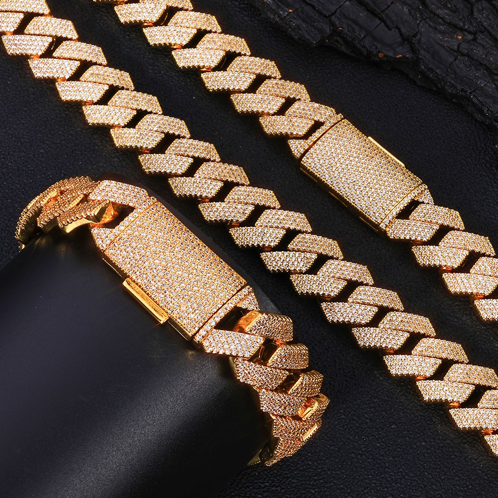 15mm Hip Hop Miami Cuban Chain Necklace Bracelet Jewelry Set 18k Gold Plated
