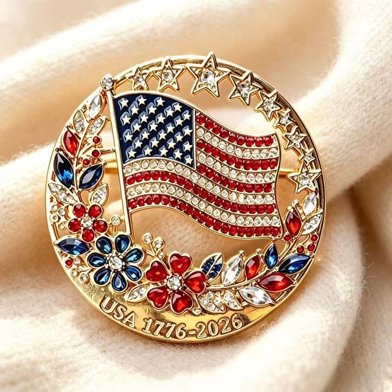 New 1776-2026 250th US Independence Rhinestone American Flag Flower Brooch Pin