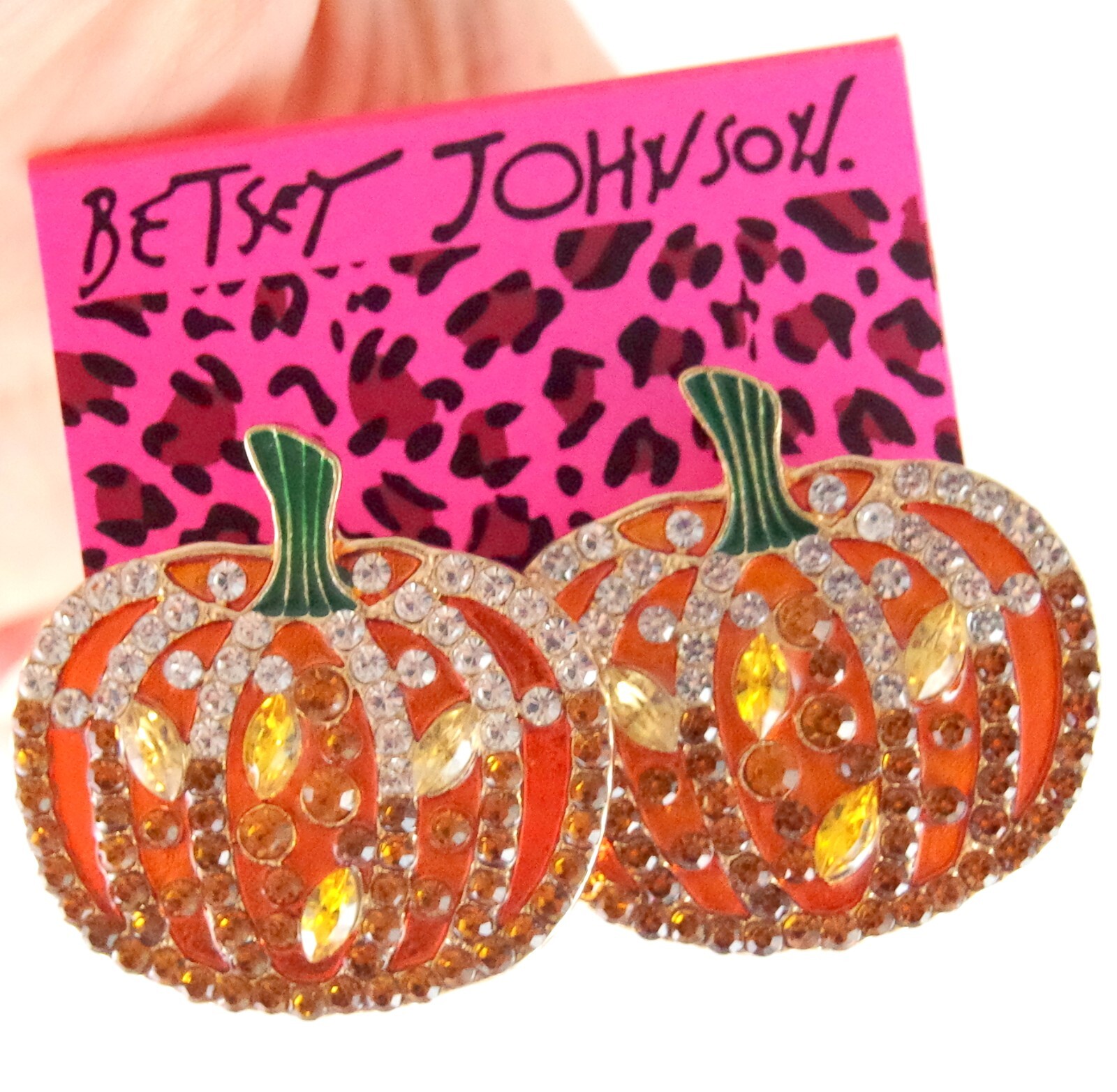 BIG BETSEY JOHNSON CRYSTAL RHINESTONE THANKSGIVING FALL AUTUMN PUMPKIN EARRINGS
