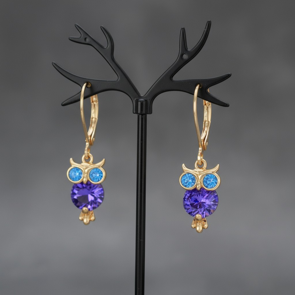 Betsey Johnson CZ Owl Drop Earrings – Gold-Tone with Blue & Purple Crystals