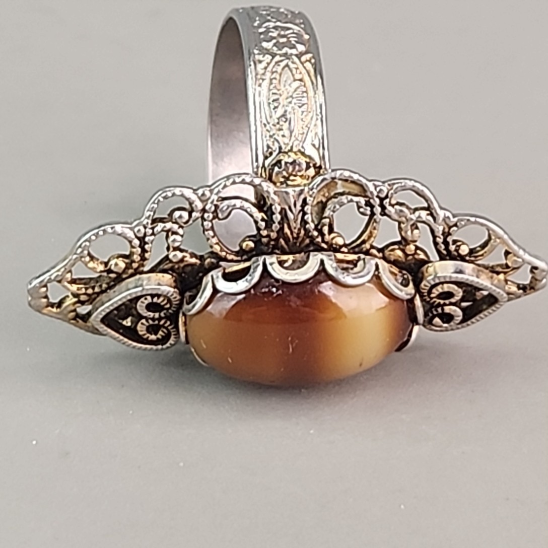 Rhinestone Ring Brown Oval Glass Cream Ambre Silver Tone Adjustable 7