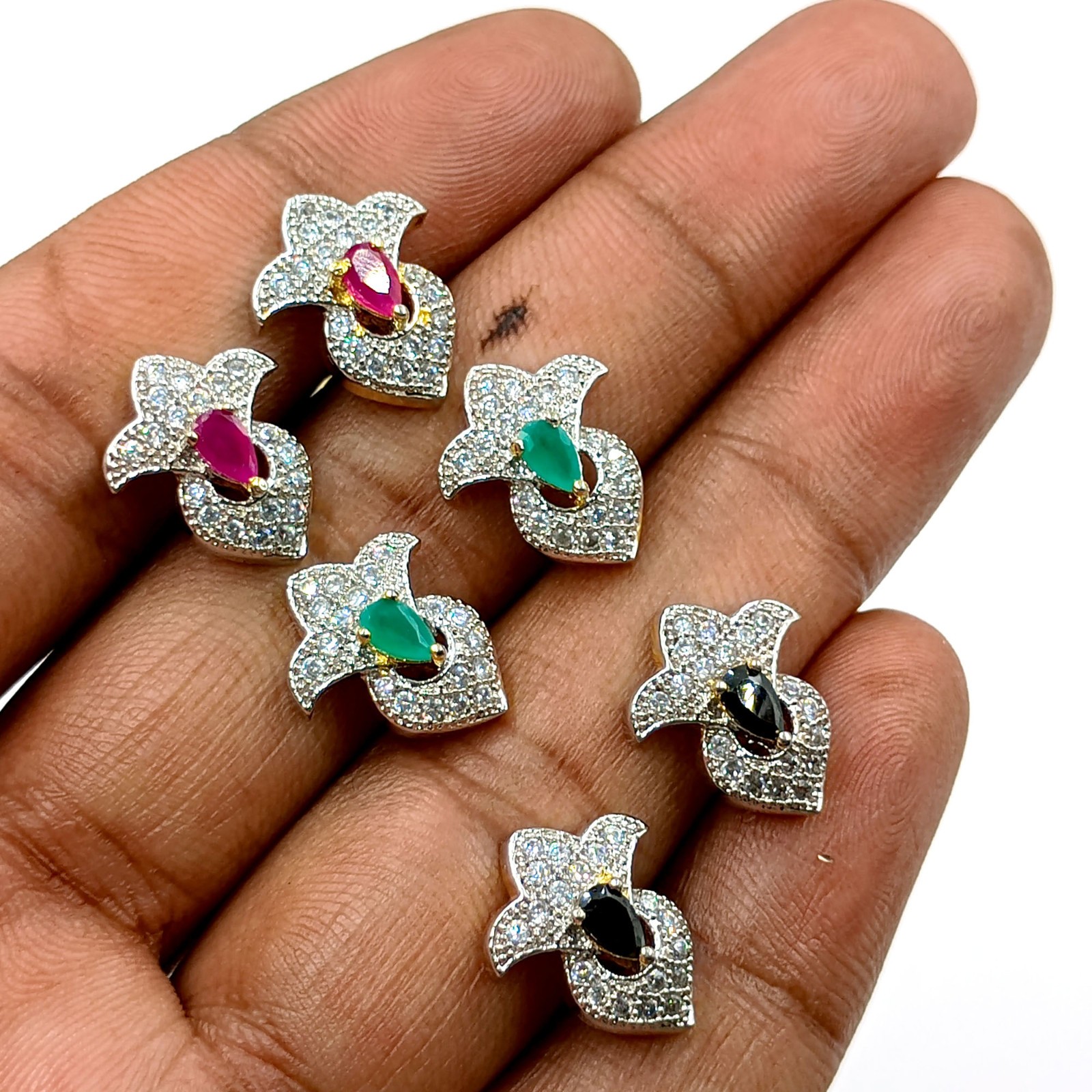 Gold Plated Stud Earrings Ruby Emerald Black Onyx CZ South Indian Wedding Style