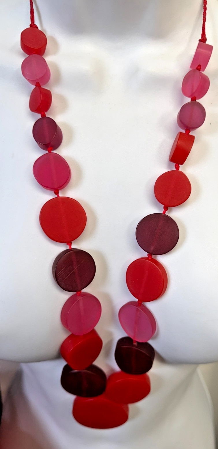 Wearable Art Necklace Frosted Lucite Disc Red Circles 28 inches