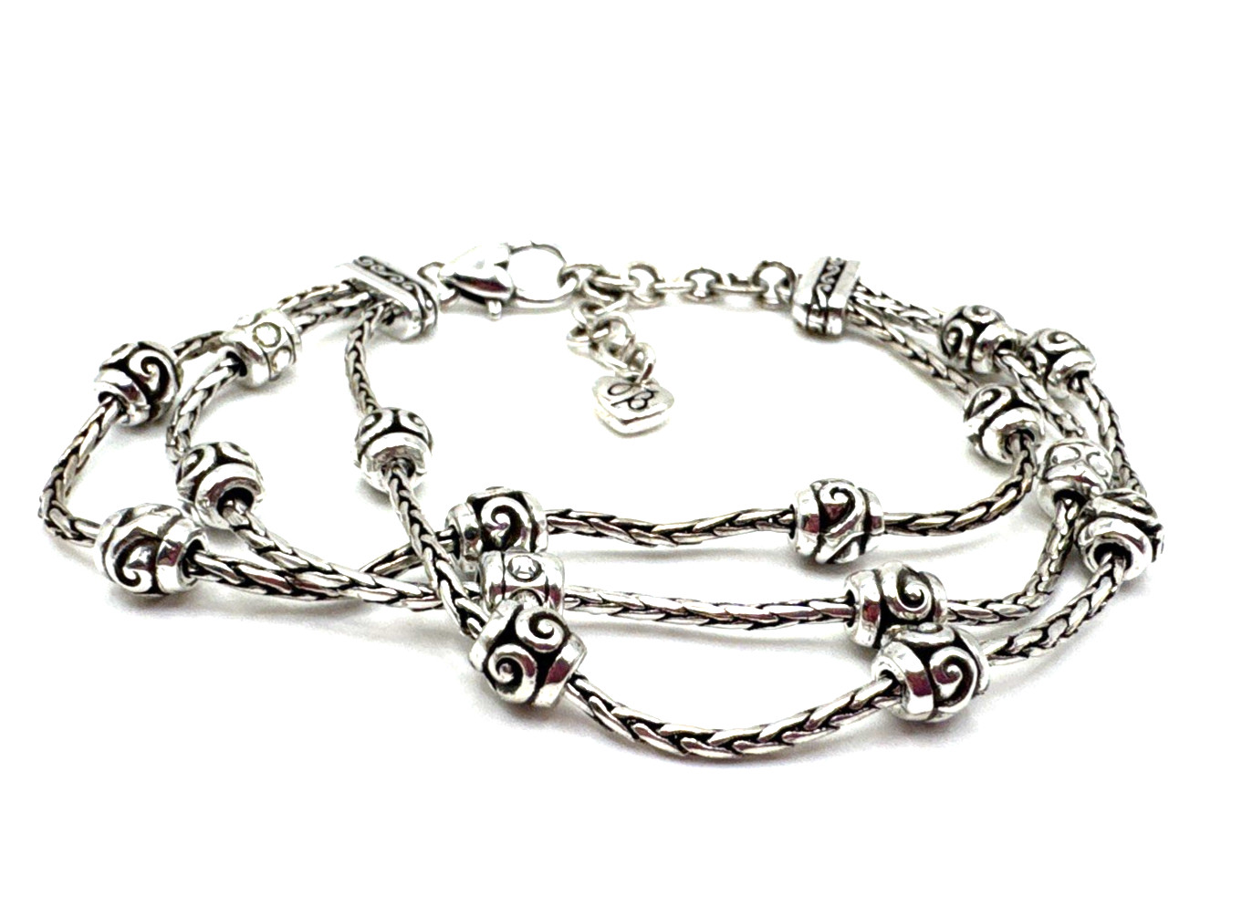 Brighton Crystal Encrusted Decorative Triple Chain Silver Bracelet 7-8.5 Inches
