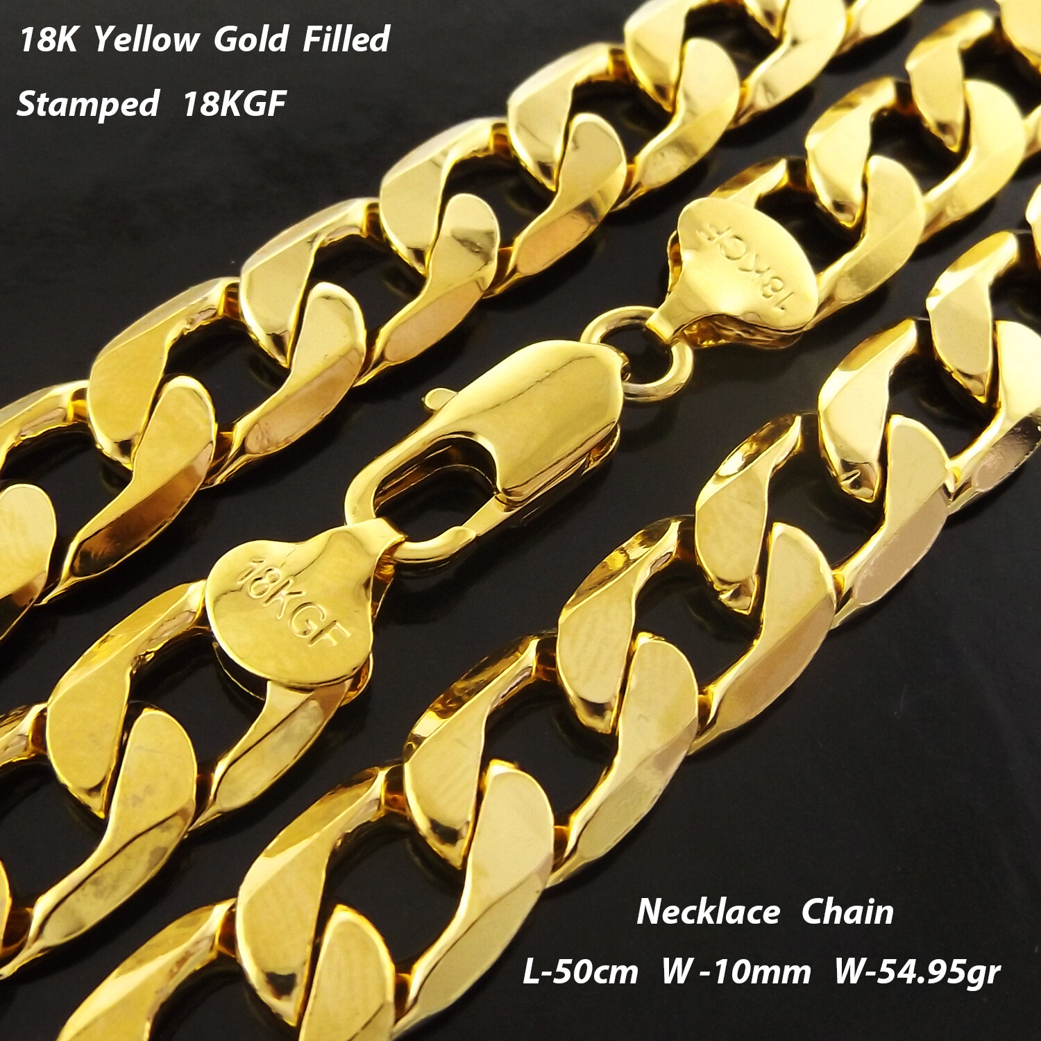 Necklace Real 18Kt Yellow Gold Filled Solid 10mm Curb Cuban Chain 50 cm 20 inch