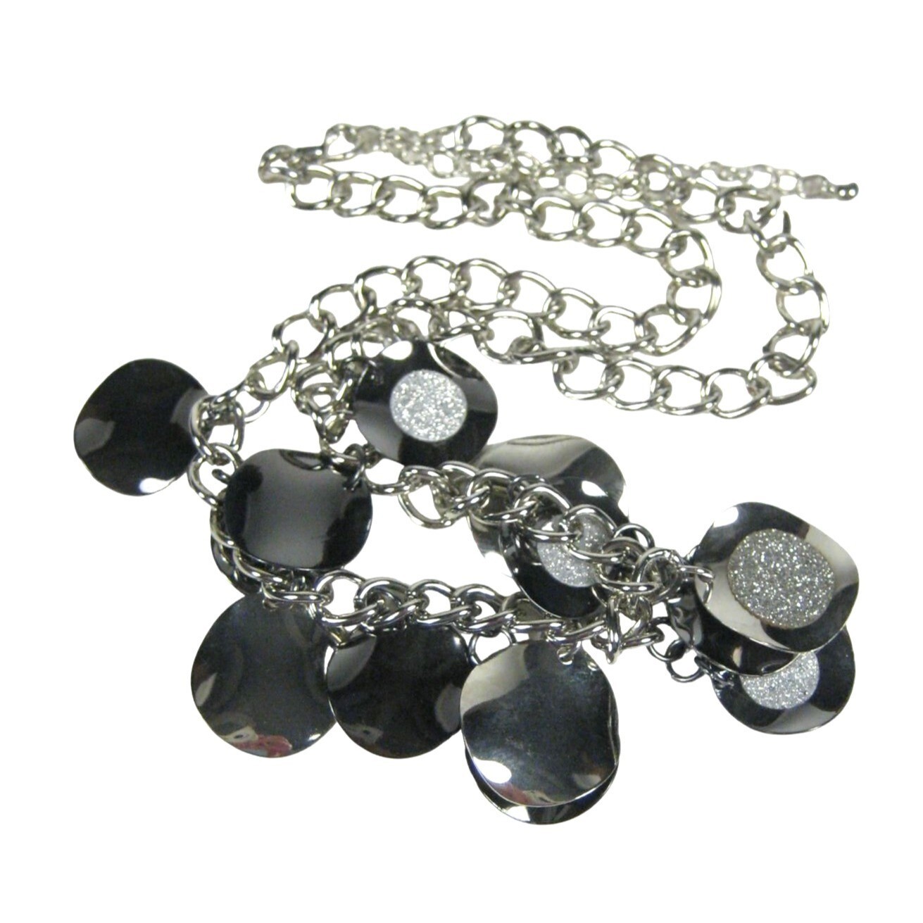 Silvertone Chain Charm Necklace 18 Inch Festival Statement Party Round Disc