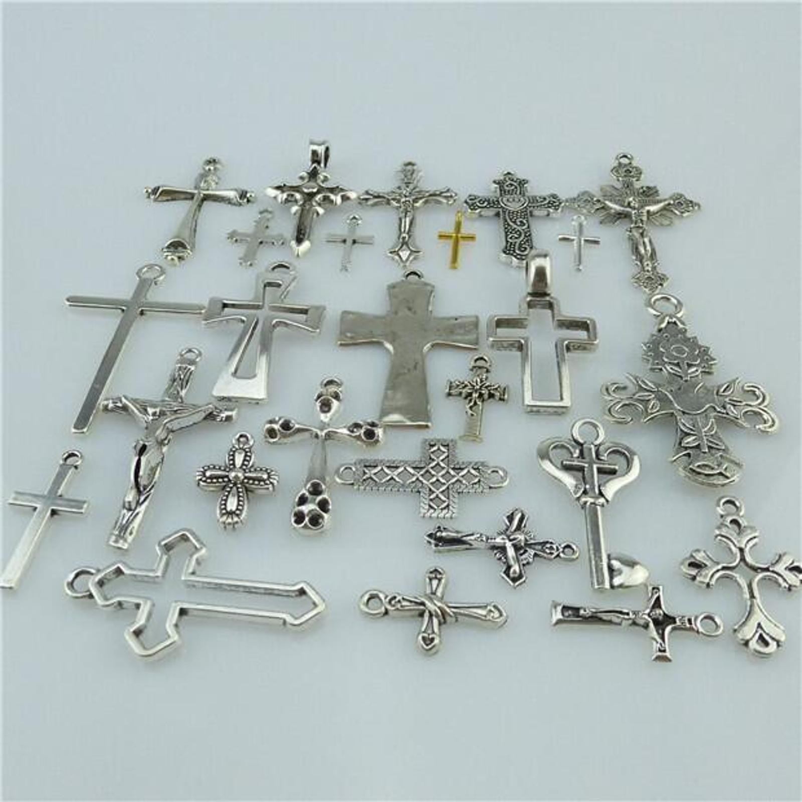 25* MIX Cross Pendant Vintage Antique Silver Tone Alloy Faith Religious Charm C