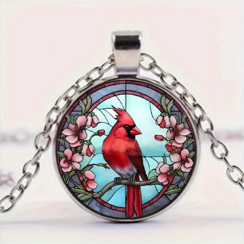 Stunning Painted Red Bird Round Pendant Necklace Jewelry For Women And Men