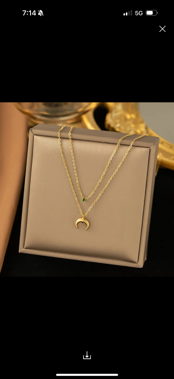 18K Gold Plated Stainless Steel Crescent Moon Layered Necklace Green Crystal Wom