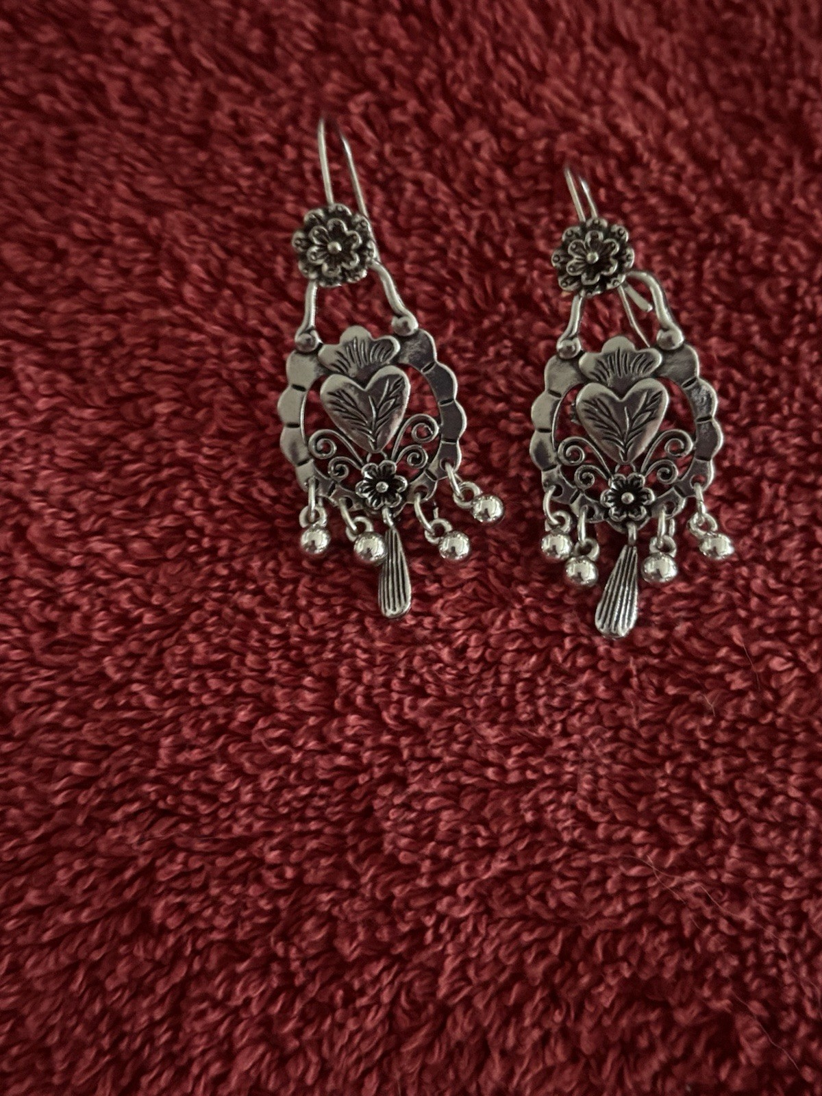 Silver Tone Floral & Heart Motif Beaded Dangle Drop Hook Earrings