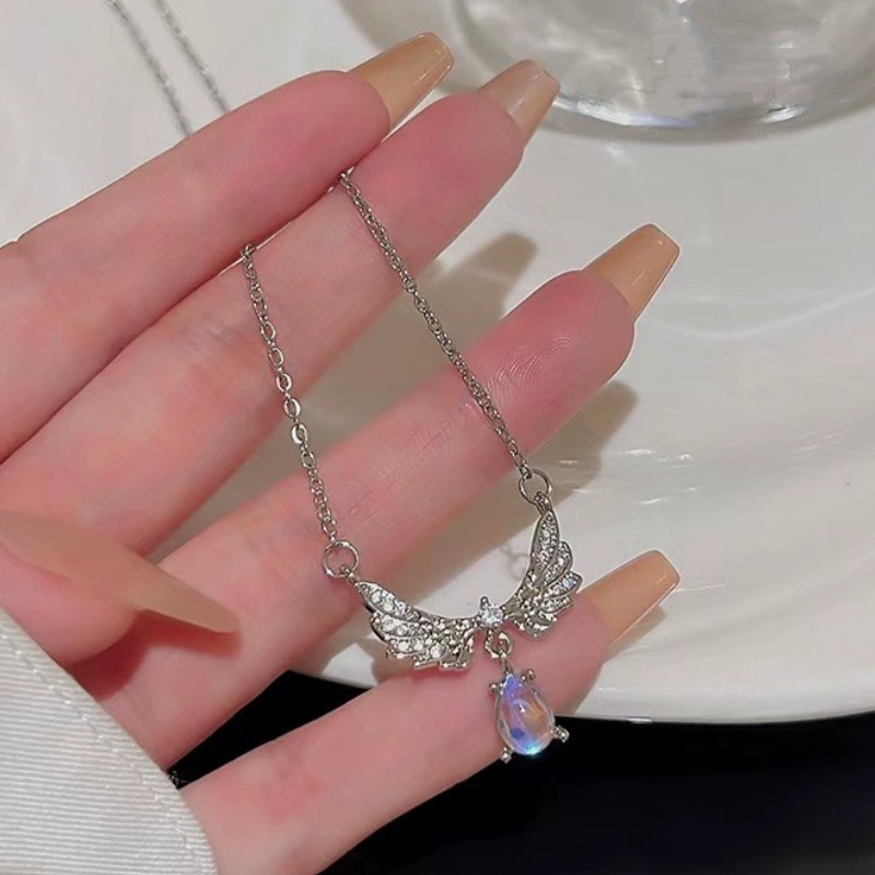 Elegant Angel Wings Water Drop CZ Pendant Clavicle Chain Fashion Y-drop Necklace